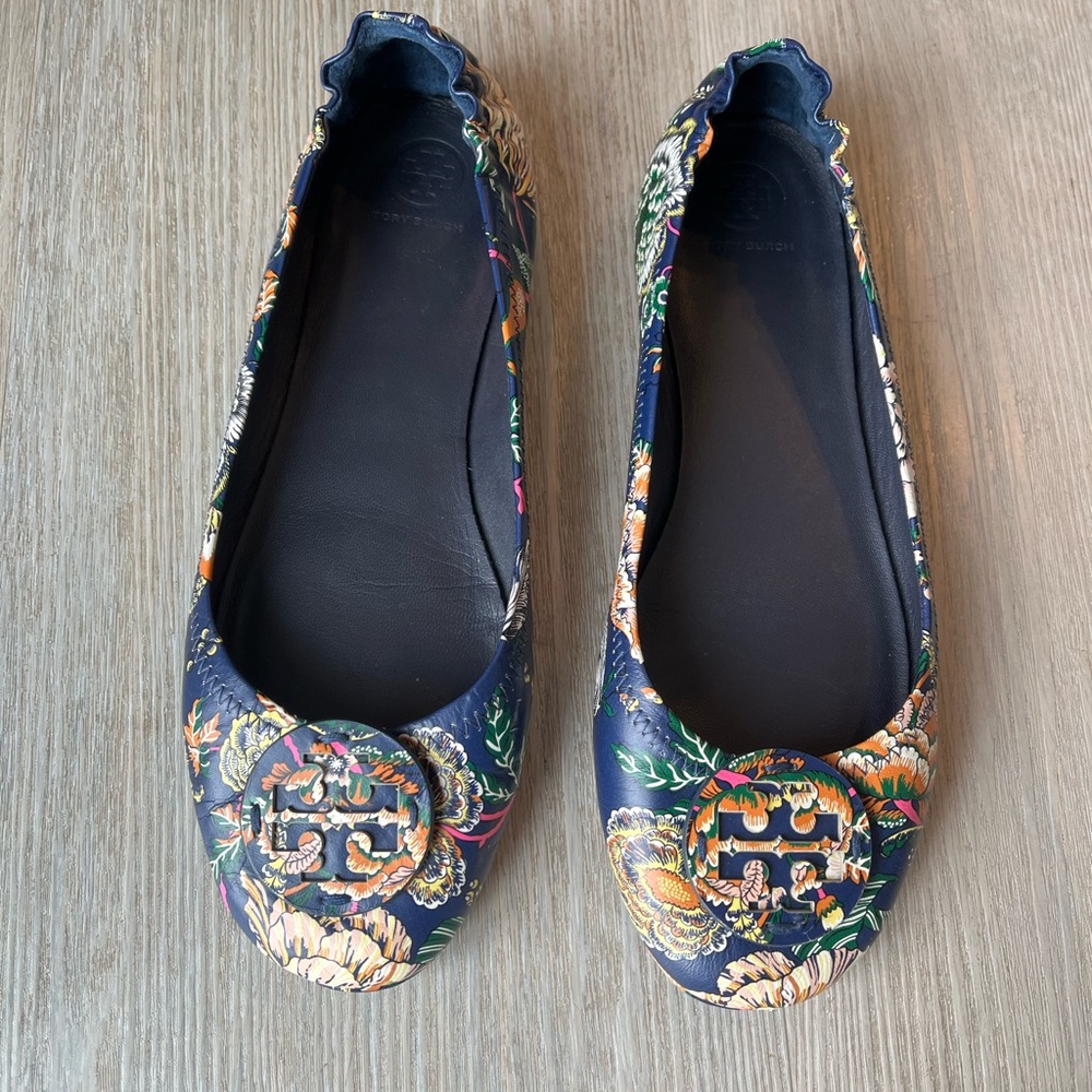 Tory Burch Floral Flats in Navy and Multicolor